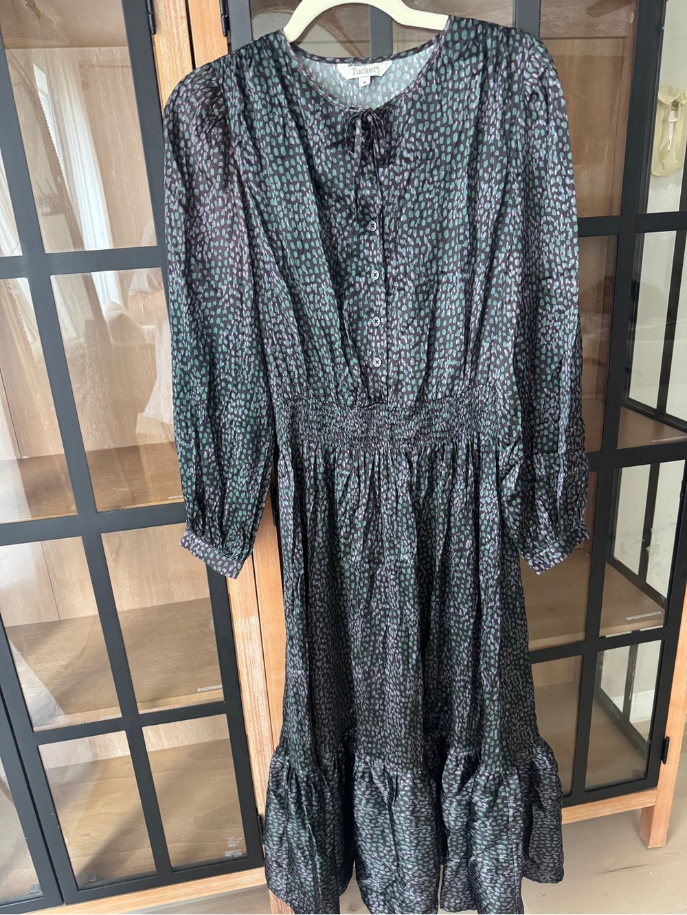 Tucker NYC silk maxi dress long sleeve print midi tie front smocked elastic